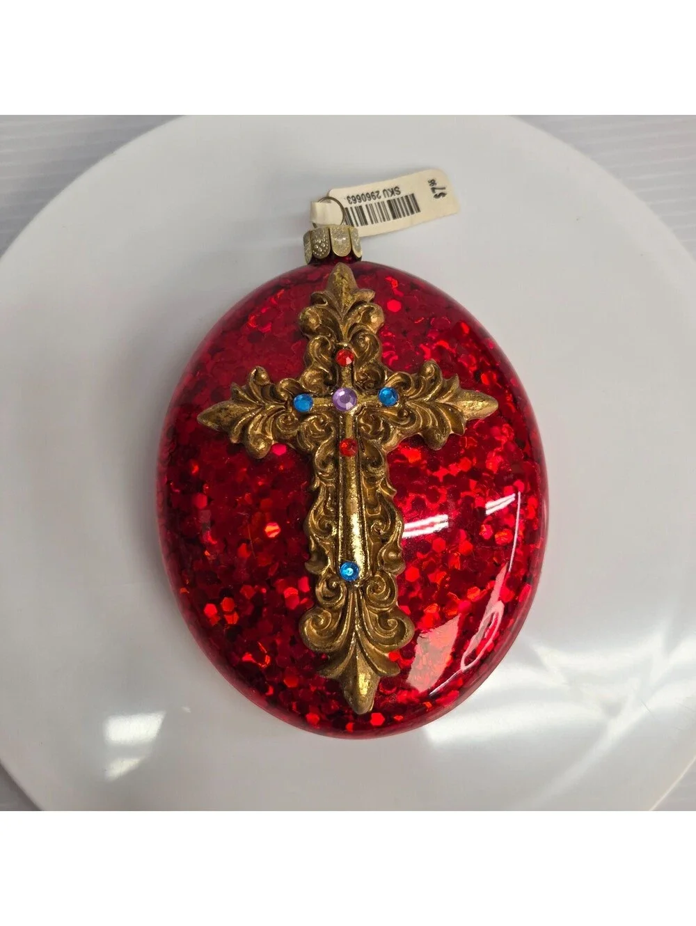 Pier 1 Red Glitter Glass Gold Cross Gem Christmas Ornaments Set of 3